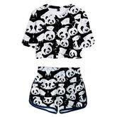 Women Crop Top & Shorts Set Animal Panda Printed Summer 2 Pieces Casual Clothes - INSWEAR